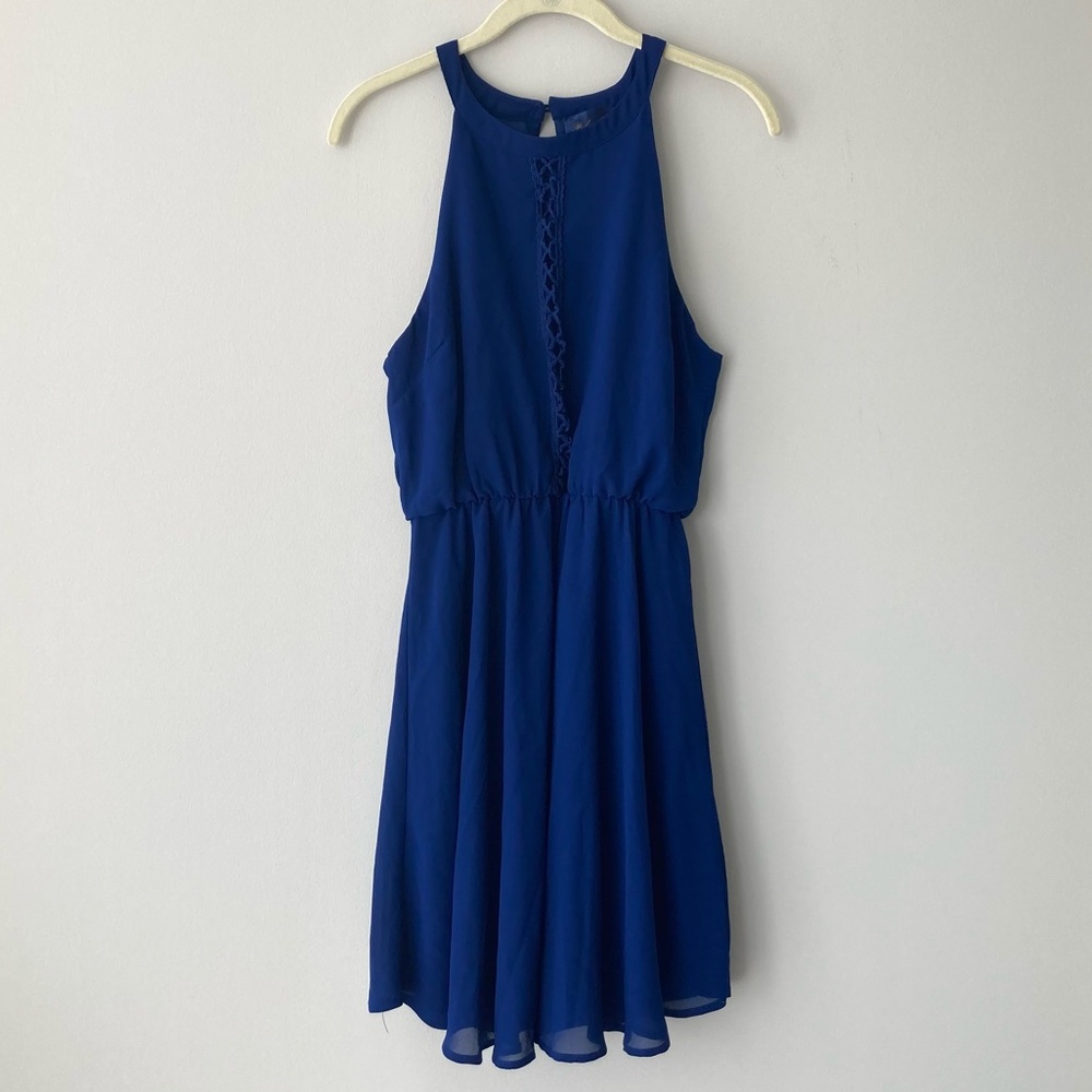 Francesca’s Blue Rain Halter Lined Skater Dress